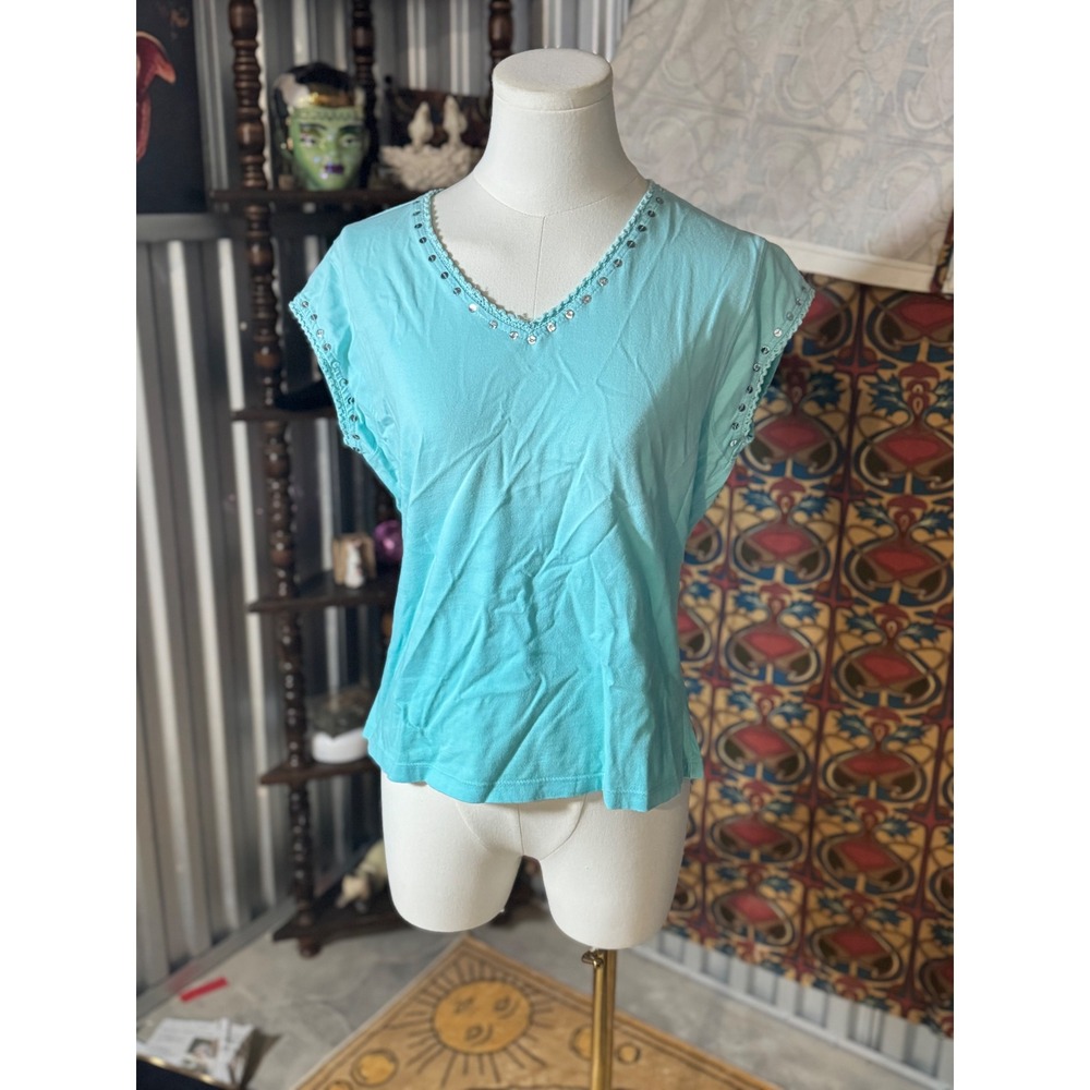 Jane Ashley Top, Aqua Blue, Sequin Embellished, Crocheted V Neck, Cotton, Large